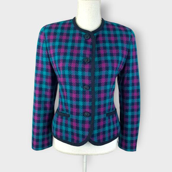 Vintage Pendleton Blazer Green Purple Check Long Sleeve Wool Buttons Size 6 - Picture 1 of 11